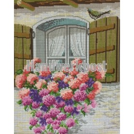 stramien + garenpakket, bloemenvenster (100% wol)