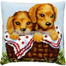 kruissteekkussen golden retriever pups in mand