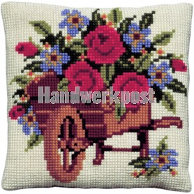 kruissteekkussen kruiwagen met bloemen