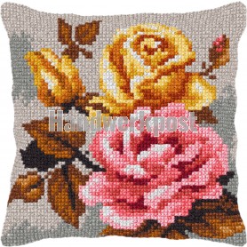 kruissteekkussen pioenroos op grijs