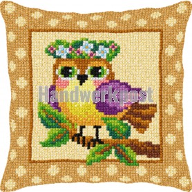 kruissteekkussen vogel met bloemenkroon