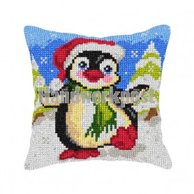 kruissteekkussen pinquin met kerstmuts