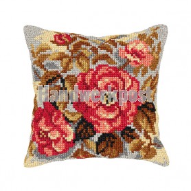 kruissteekkussen rozen in bloei op grijs