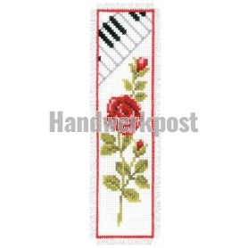 borduurpakket boekenlegger, rode roos met pianotoetsen