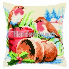 kruissteekkussen roodborstjes/bloempotten in wintersfeer