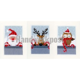 borduurpakket kerstkaart (3 st.) kerstman, kerstuiltje en rendier