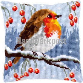 kruissteekkussen roodborstje in wintersfeer
