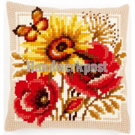 kruissteekkussen papavers, zonnebloem en vlinder