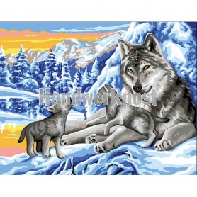 stramien wolf met jongen in wintersfeer