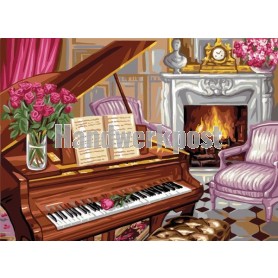 stramien + garenpakket, pianoscene met rozen