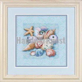 borduurpakket schelpen op blauw
