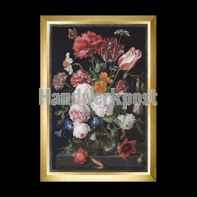 borduurpakket jan davidsz, stilleven, bloemen in glazen vaas op zwart 