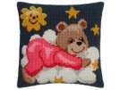 kruissteekkussen teddybeer op wolk, rose