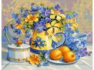 stramien stilleven, blauw/gele bloemen met abrikozen