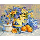 stramien + garenpakket, stilleven, blauw/gele bloemen met abrikozen